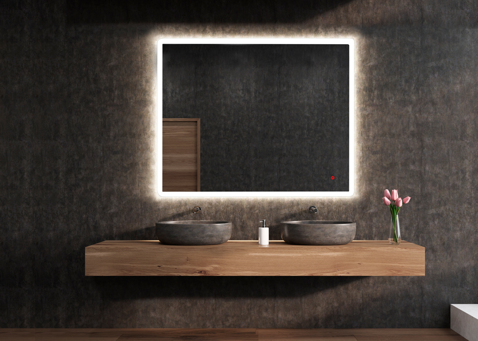 ESPEJO LED con LUZ Large horizontal mirror is hanging on a black bathroom wall. There are two sinks on a wooden shelf below it and a vase of flowers. 3d rendering